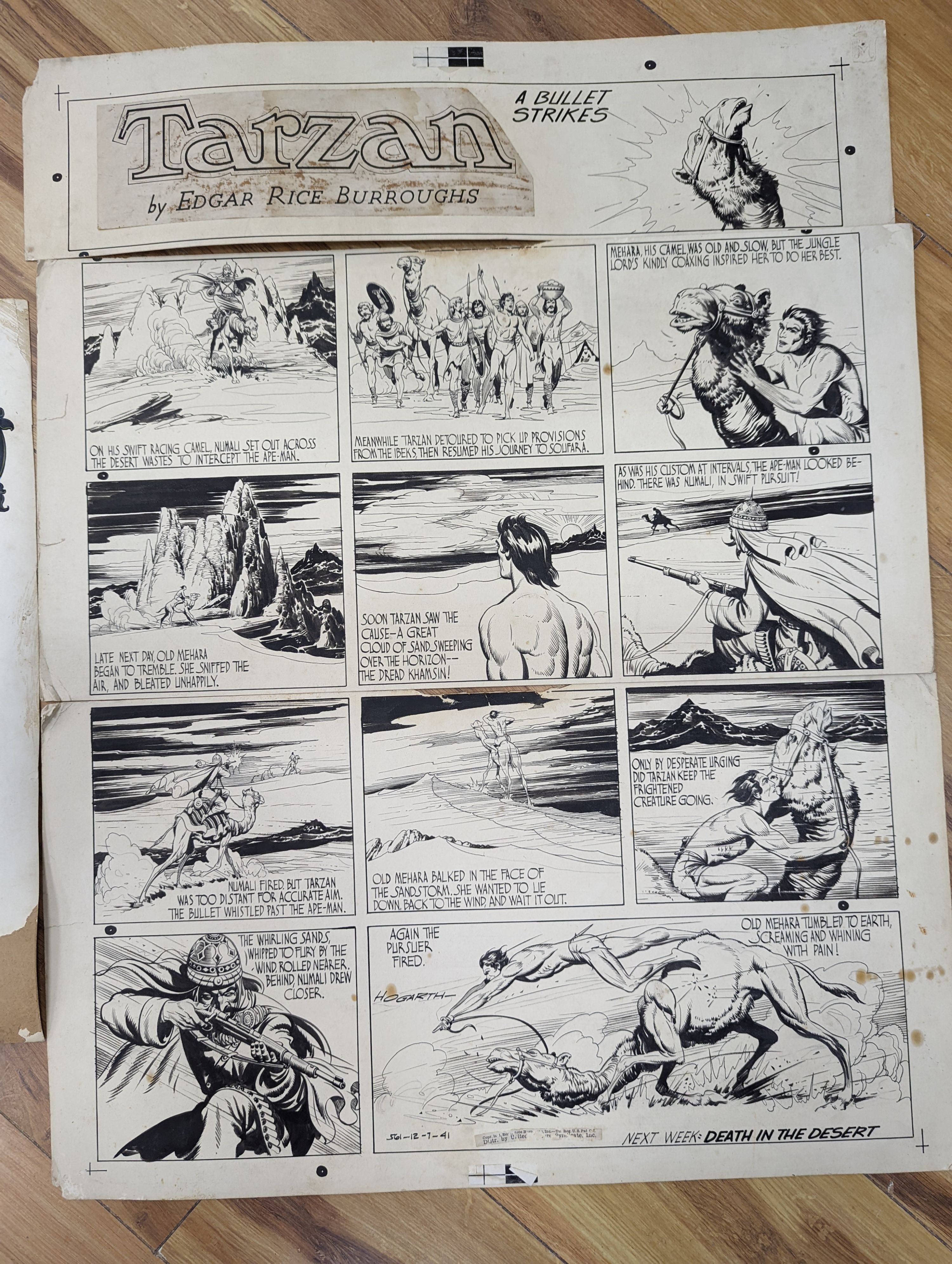Burne Hogarth (American, 1911-1996), three original pen and ink cartoons for Tarzan comic strip, 12.7.41, by Edgar Rice Burroughs, largest 30 x 56cm and a gouache armorial, 47 x 35cm, all unframed